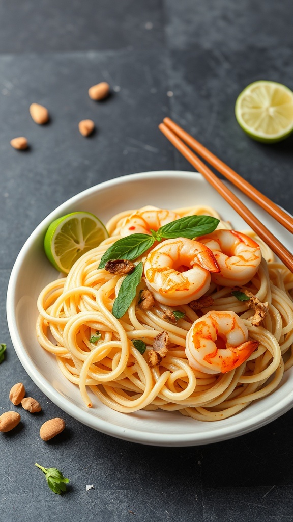 A bowl of Keto Pad Thai with shrimp, garnished with lime and basil, served with chopsticks