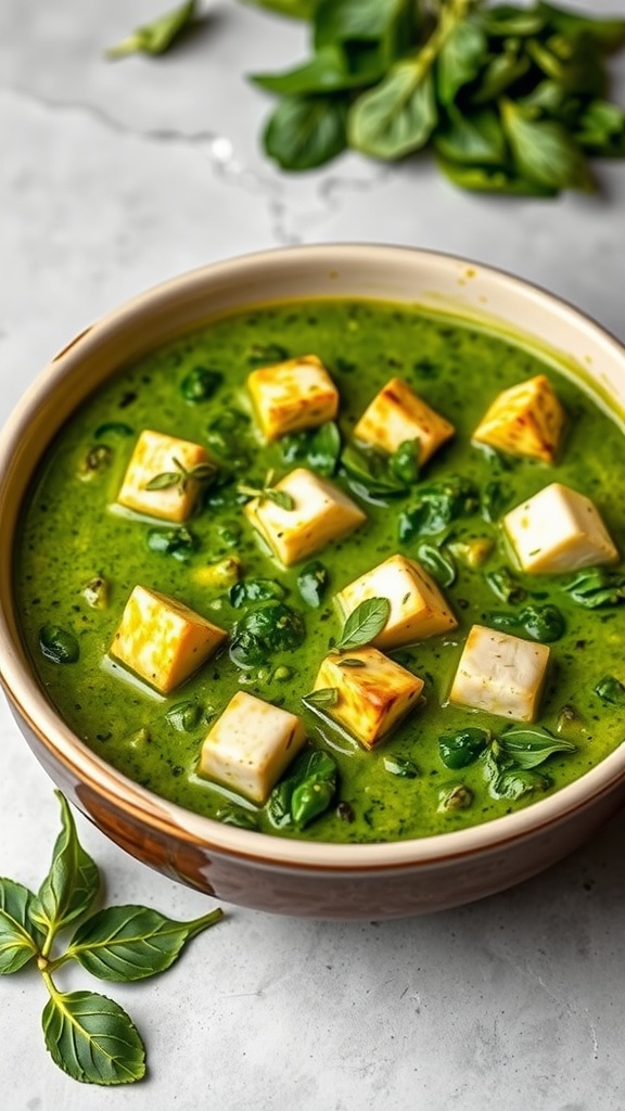 A bowl of Keto Palak Paneer with cubes of paneer in a green spinach curry.