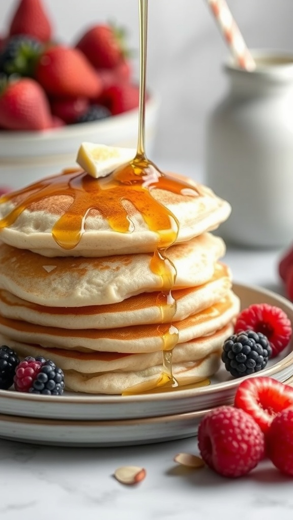 Fluffy almond flour pancakes topped with syrup and surrounded by fresh berries