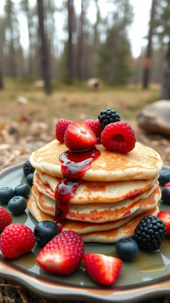 A plate of fluffy keto pancakes topped with fresh berries and syrup, set in a forest campsite.