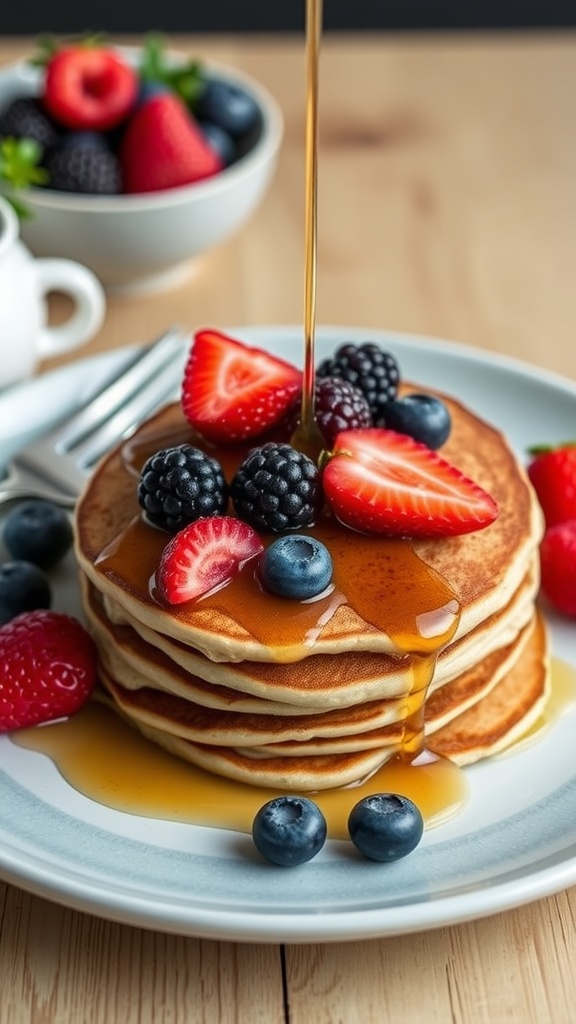 A stack of keto pancakes topped with strawberries, blueberries, and syrup.