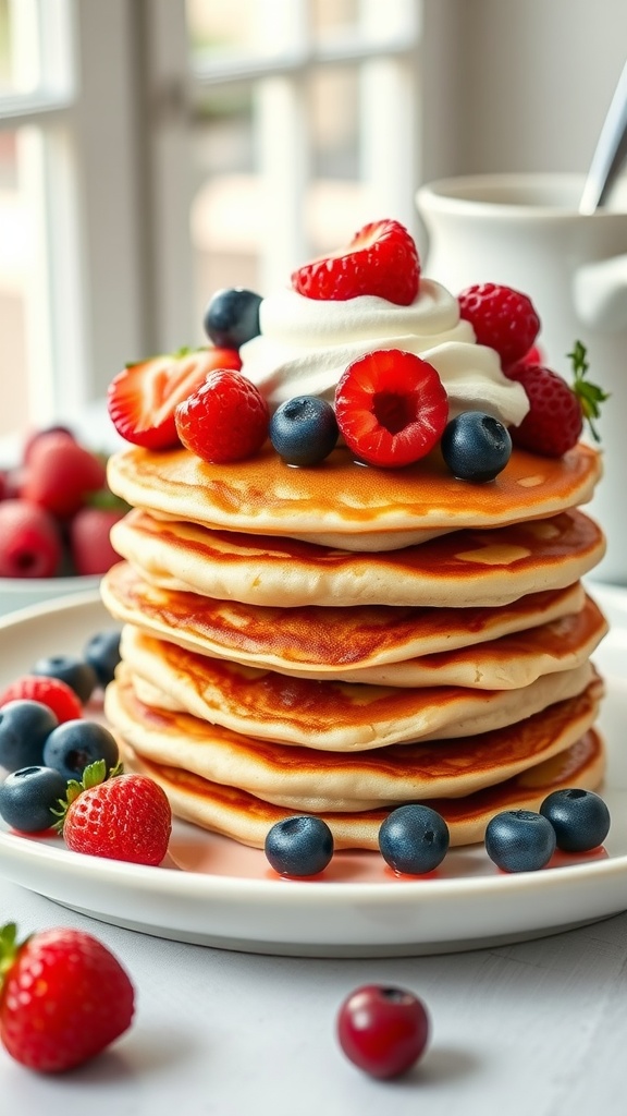 Stack of keto pancakes topped with strawberries, raspberries, blueberries, and whipped cream.