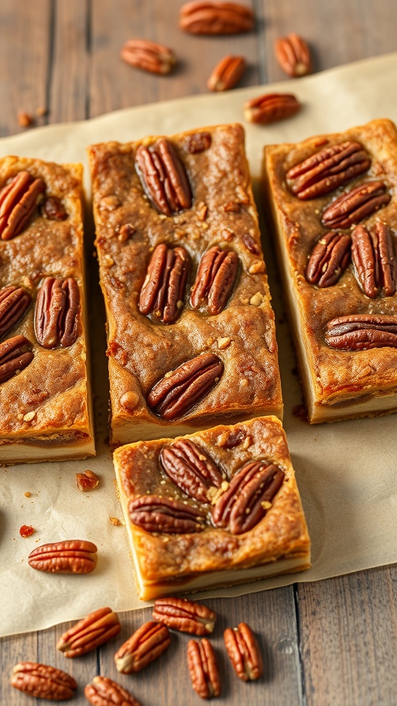 Keto pecan pie bars arranged on parchment paper with whole pecans scattered around.