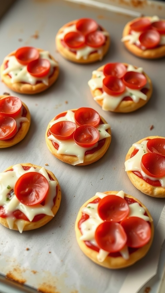 A tray of mini keto pizza bites topped with pepperoni and cheese.