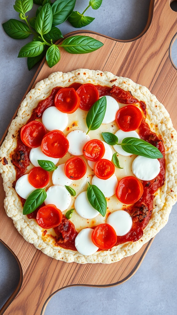 Keto pizza with a cauliflower crust topped with pepperoni and fresh basil leaves