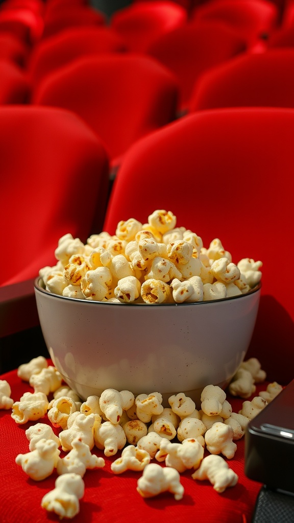 A bowl of popcorn surrounded by scattered popcorn on red movie theater seats.