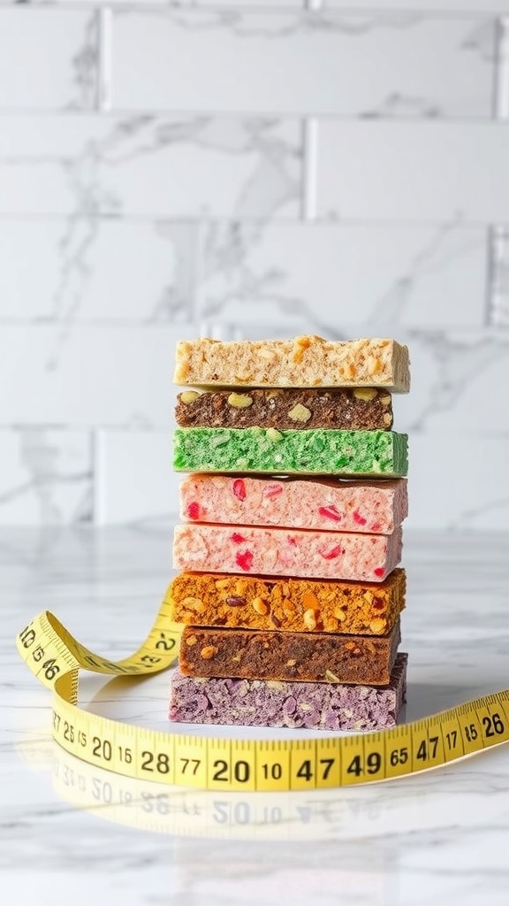 A stack of colorful keto protein bars with a measuring tape around them.