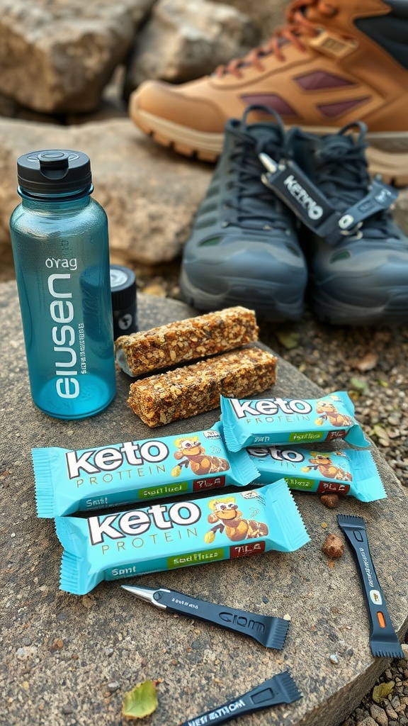 Keto protein bars alongside a water bottle and hiking boots on a rocky surface.