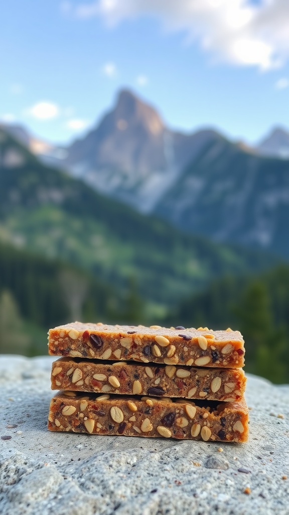 Three stacked keto protein bars with nuts and seeds against a mountain backdrop