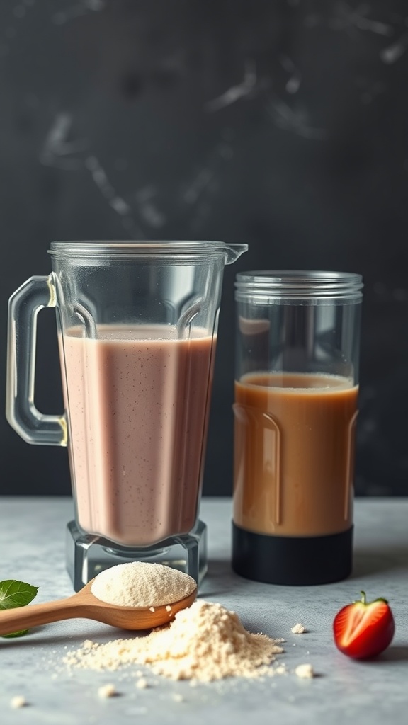 A blender filled with pink protein shake next to a glass of brown protein drink and a spoon of protein powder.