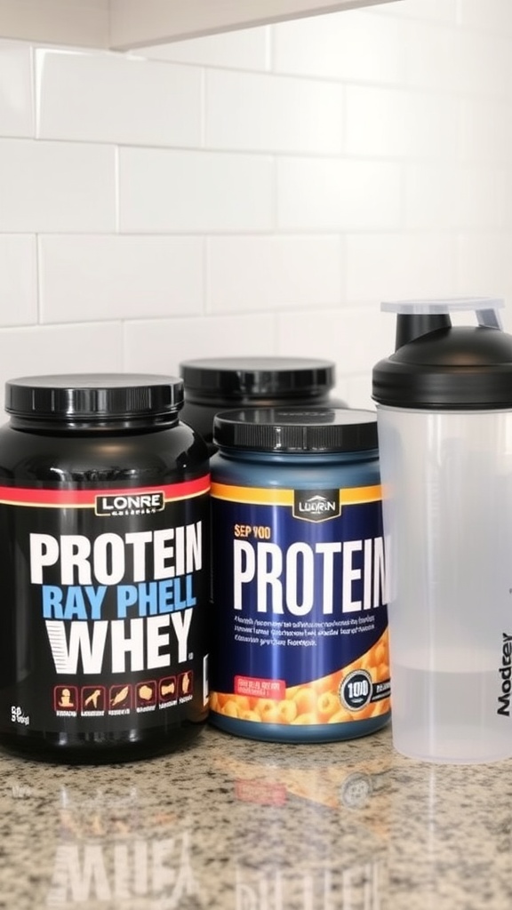 Various protein powders and shakes on a kitchen counter