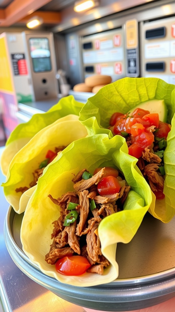 Keto pulled pork tacos in lettuce wraps with tomatoes and cilantro