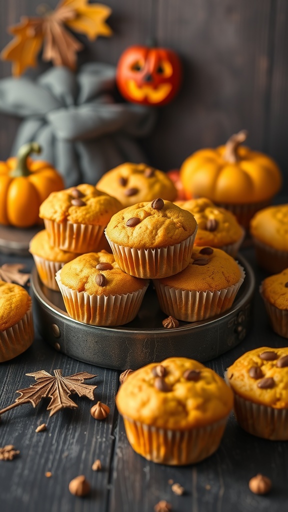 A collection of golden keto pumpkin spice muffins topped with chocolate chips, surrounded by pumpkins and autumn leaves.