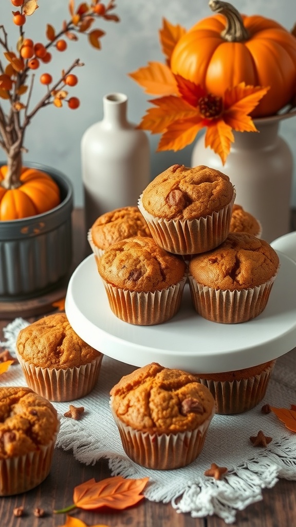 A display of keto pumpkin spice muffins on a white platter, surrounded by autumn decorations.