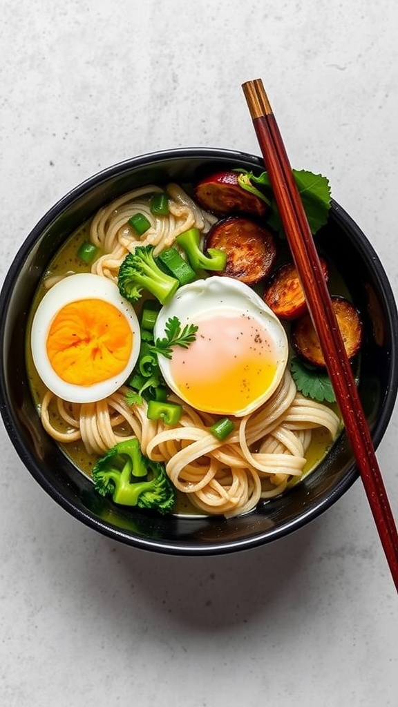 A bowl of keto ramen with shirataki noodles, topped with a soft-boiled egg and green vegetables.