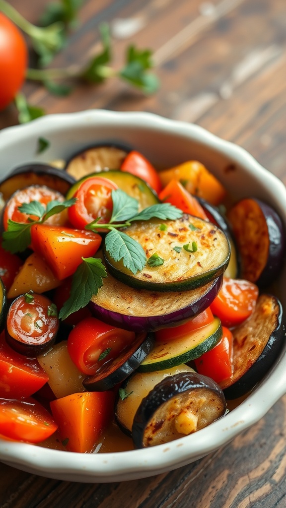 A bowl of colorful keto ratatouille with sliced vegetables.