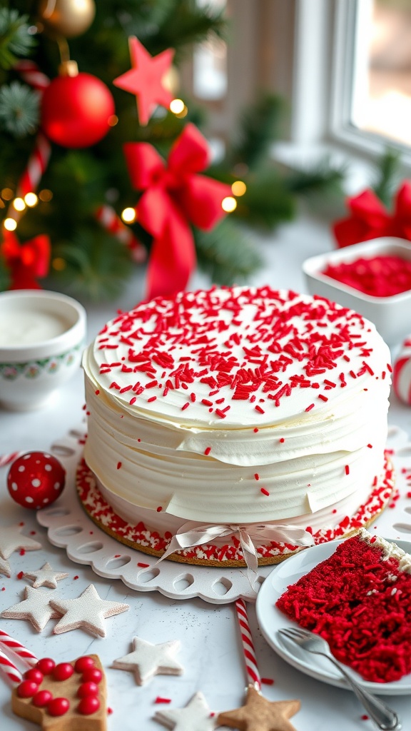 A beautifully decorated red velvet cake with white frosting and red sprinkles, surrounded by holiday decorations.