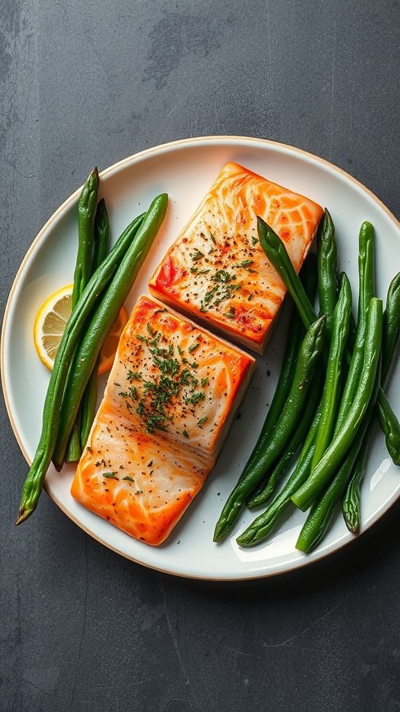 A plate featuring salmon fillets and green beans, garnished with parsley and lemon slices.