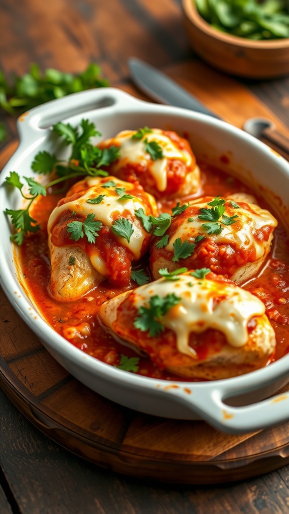 A baked dish featuring chicken topped with salsa verde and cheese, garnished with cilantro.