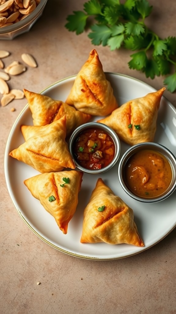 A plate of keto samosas made with almond flour, accompanied by two dipping sauces and garnished with cilantro.