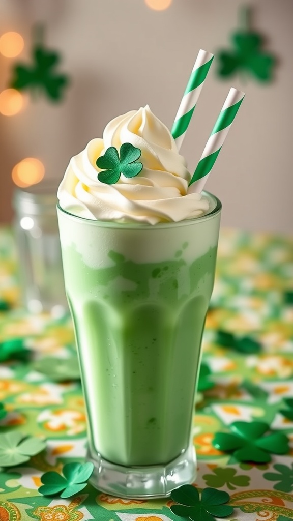 A green shamrock shake topped with whipped cream and a green clover, served with striped straws.