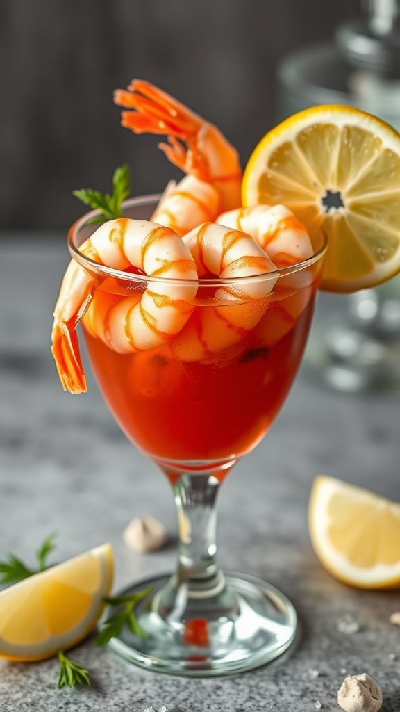 A vibrant shrimp cocktail in a glass with lemon slices and cocktail sauce