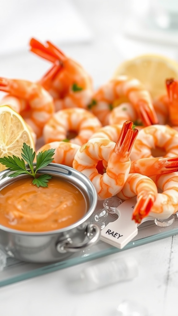 A plate of shrimp cocktail with a side of cocktail sauce and lemon slices.