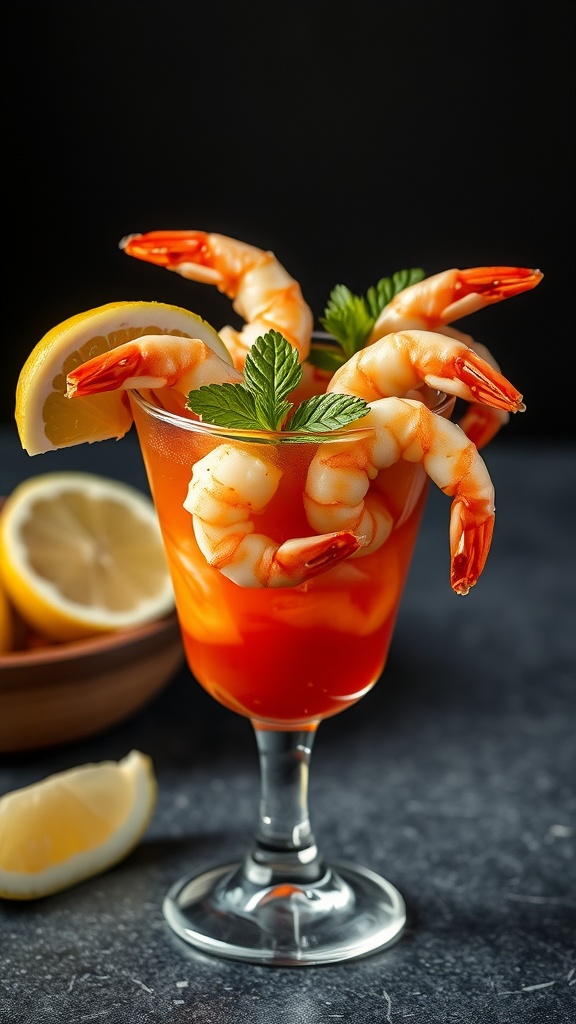 A glass of shrimp cocktail garnished with lemon and mint, with additional lemon slices in the background.