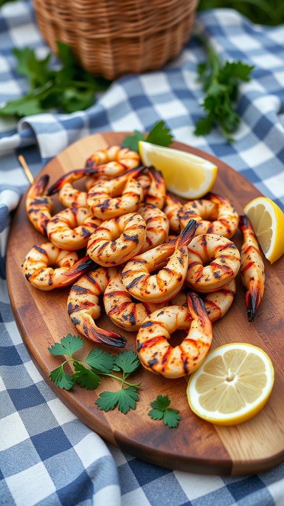 Grilled shrimp skewers garnished with lemon and herbs on a wooden platter