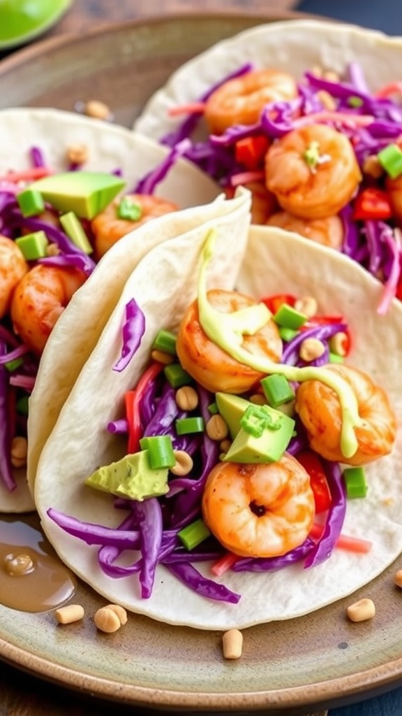Delicious keto shrimp tacos with cabbage slaw and avocado on a plate.