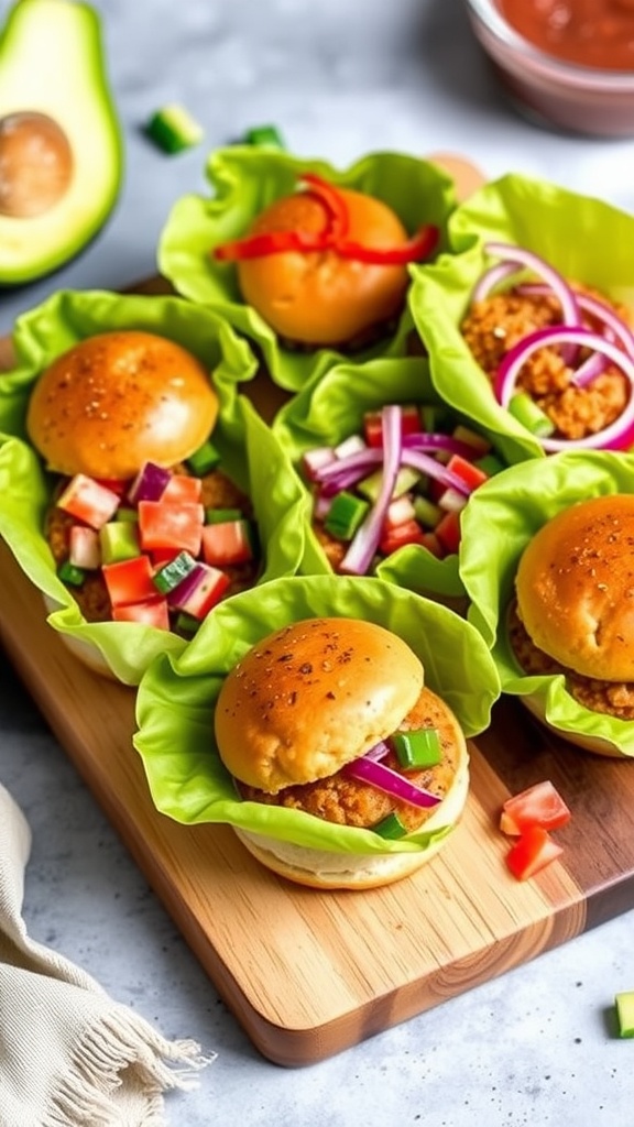 Delicious keto sliders with lettuce buns, featuring a variety of toppings.