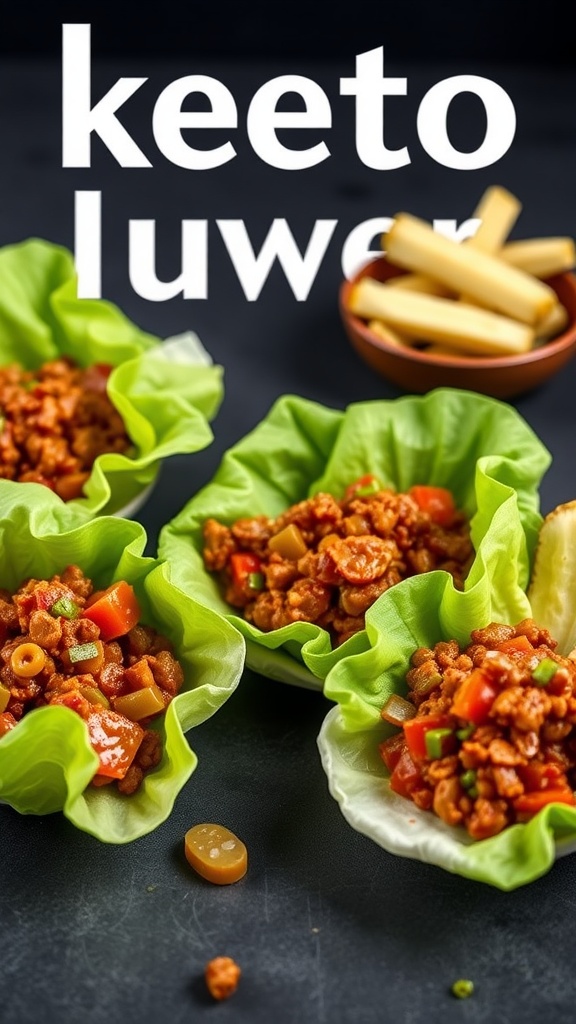 Keto Sloppy Joes in lettuce cups served on a dark surface.