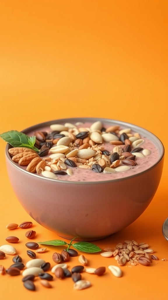 A colorful keto smoothie bowl topped with various nuts and seeds, set against an orange background.