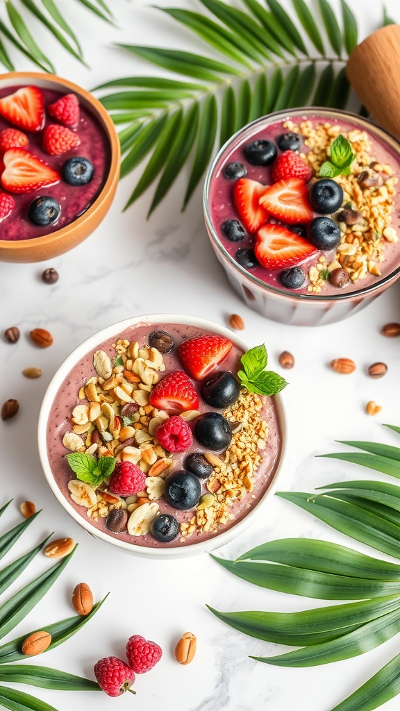 Keto smoothie bowls topped with berries, nuts, and seeds on a marble surface.