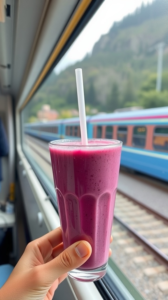 A hand holding a vibrant pink keto smoothie in a travel cup, with a scenic train view outside the window.