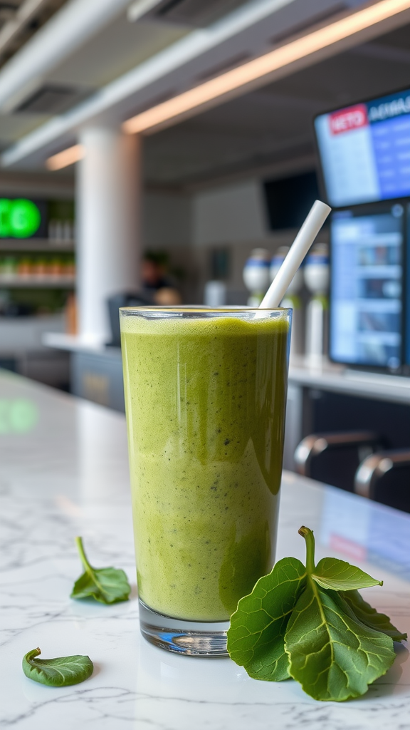 A green keto smoothie made with spinach and almond milk, served in a glass with a straw.