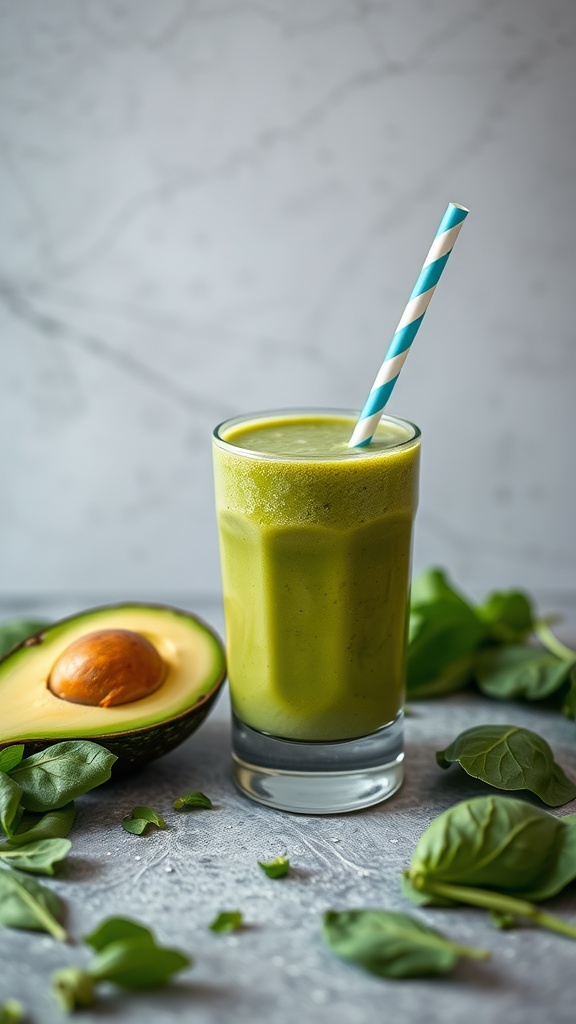 A green smoothie made with spinach and avocado in a glass, with an avocado half beside it.