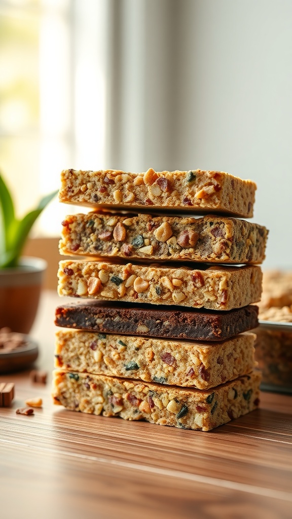 A stack of colorful keto snack bars on a wooden table