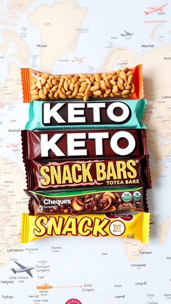 An assortment of keto snack bars on a map background.