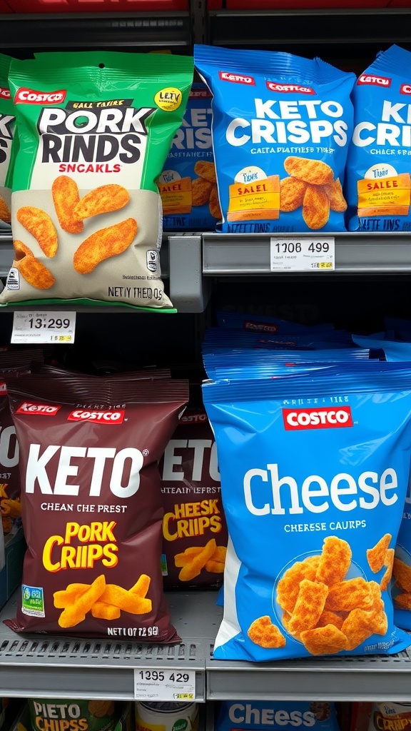 A selection of keto snacks including pork rinds and cheese crisps at Costco