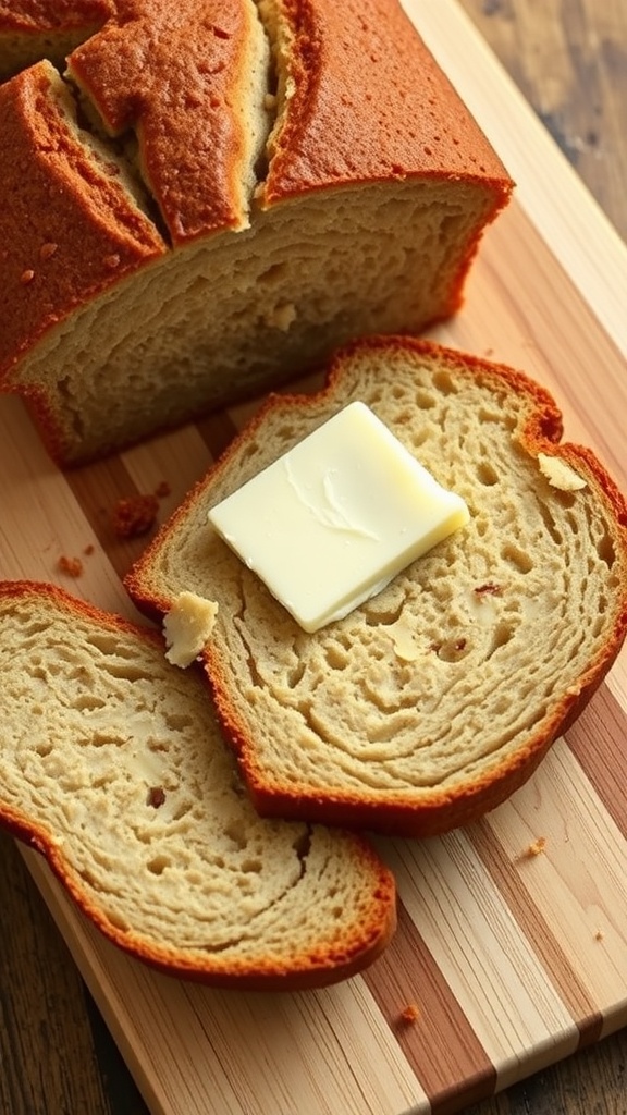 Freshly baked keto soda bread with butter on top, sliced and displayed on a wooden board.