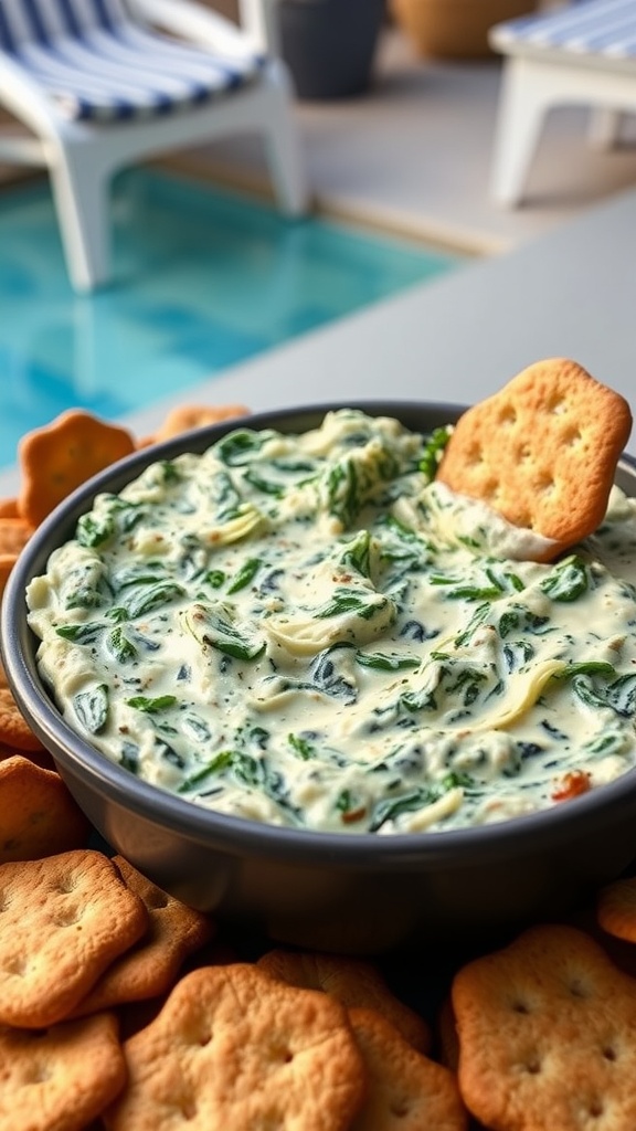 A bowl of spinach and artichoke dip surrounded by crackers, set by a poolside.