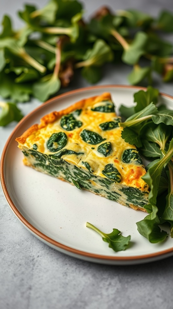 A slice of spinach and cheese frittata on a plate with fresh spinach