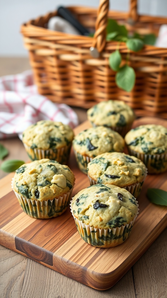 A display of keto spinach and cheese muffins on a wooden surface, with a picnic basket in the background.