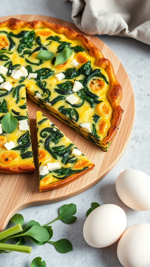 A delicious spinach and feta frittata sliced on a wooden board, surrounded by fresh ingredients.