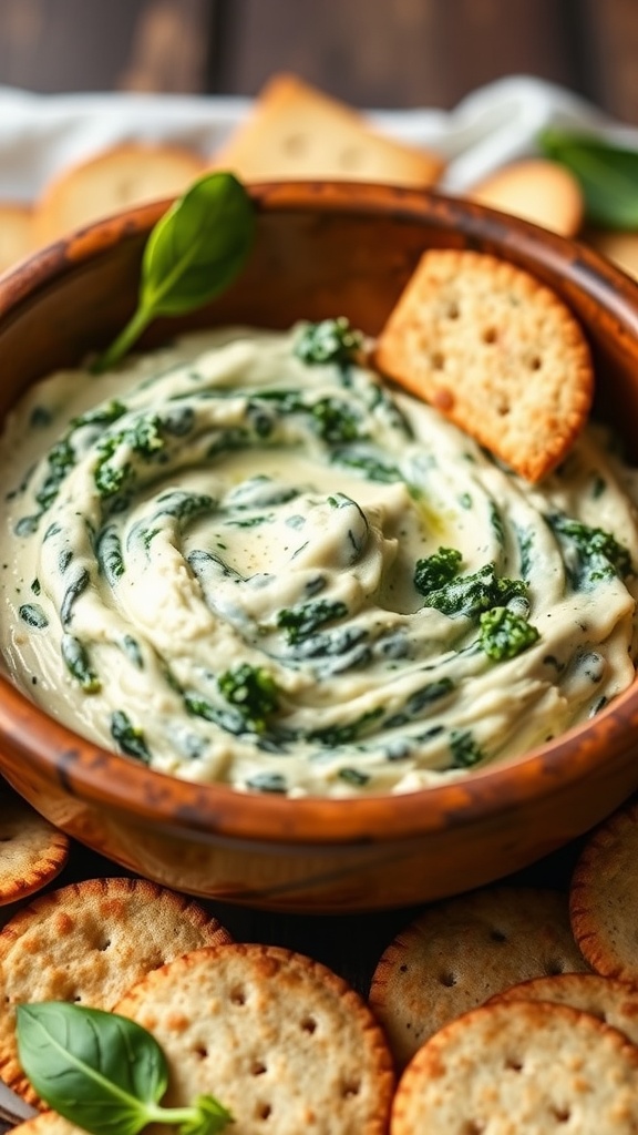 A bowl of creamy spinach artichoke dip surrounded by low-carb crackers.