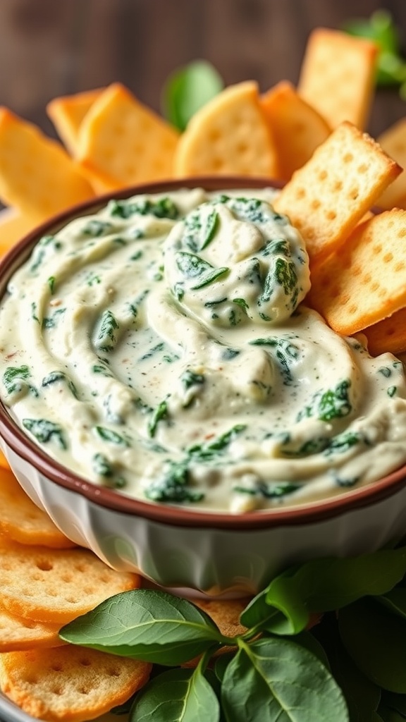 A bowl of creamy spinach artichoke dip surrounded by various colorful cut vegetables.