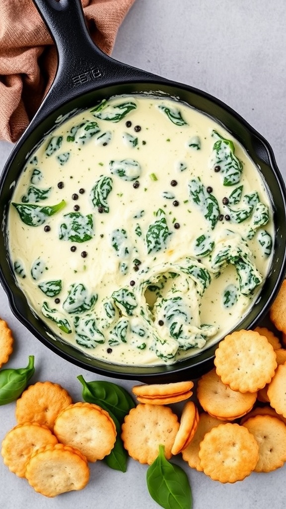 A creamy spinach artichoke dip in a skillet, surrounded by crackers and fresh basil leaves.