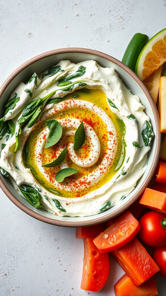 Bowl of creamy spinach dip garnished with olive oil and fresh herbs, surrounded by cut vegetables.