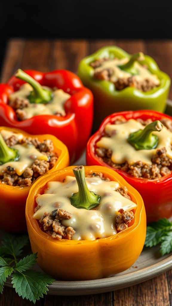 Colorful stuffed bell peppers with meat and cheese on a wooden table.